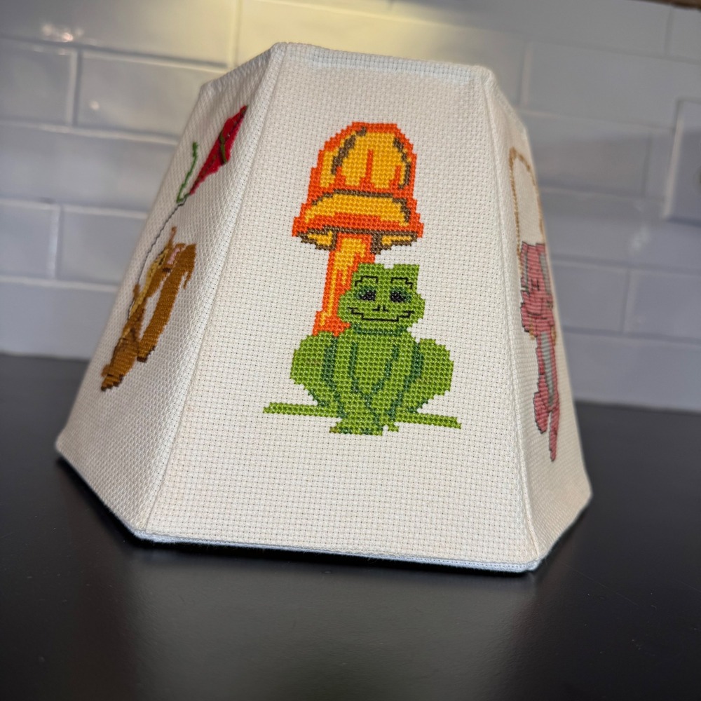 Handmade Lampshade Kids Small Cream Cross Stitch Frog Elephant Soldier Vintage